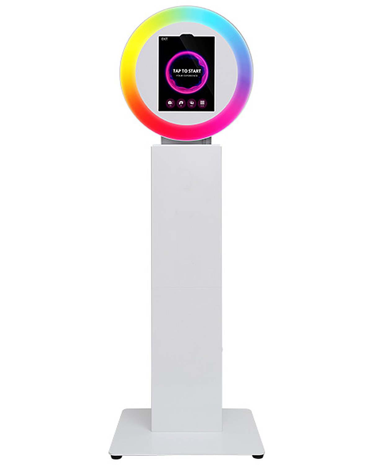 The photo booth: an iPad kiosk ringed by a glowing LED light, on a slim white stand